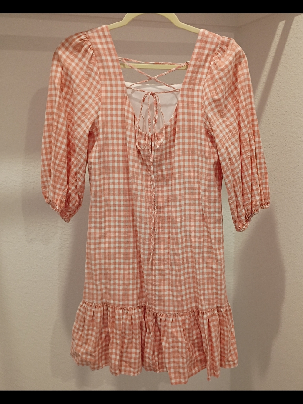 Maison tara Gingham Women's Ruffle Hem Square Neck Dress - Peach/White Size 8 - Picture 4 of 16